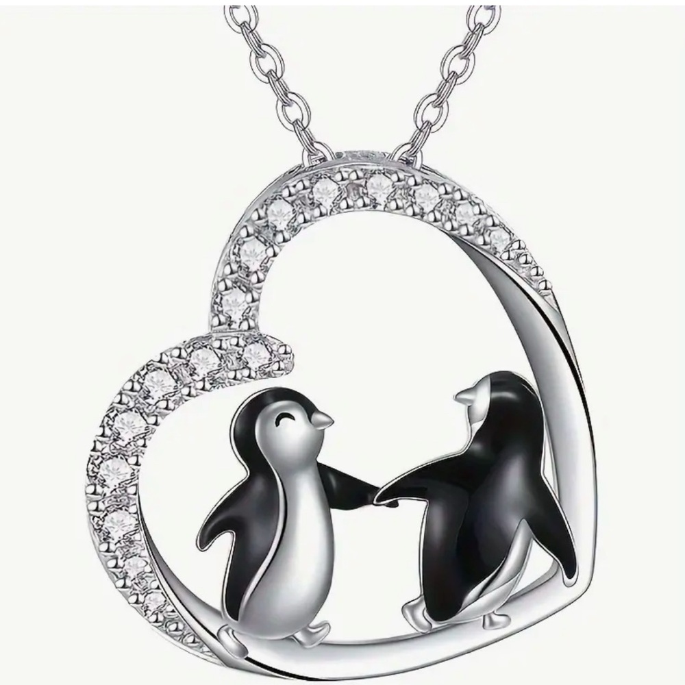 Cute Penguins couple in love CZ Heart necklace